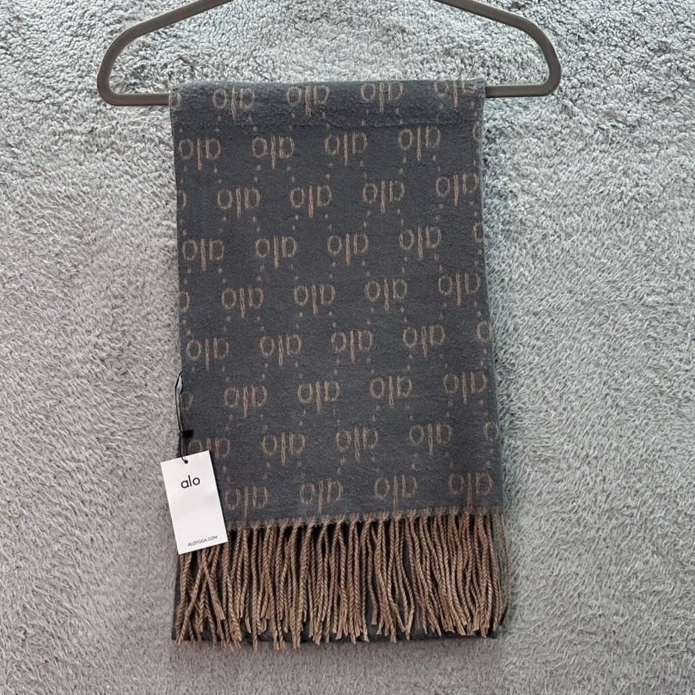 Alo Yoga NWT Gray Brown Cashmere Silk Blend Scarf Shall With Tassels Warm Luxury